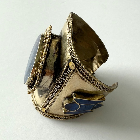Vintage Handcrafted Laois Lazuli Inlay Gold Tone Tribal Cuff Bracelet - Picture 9 of 9
